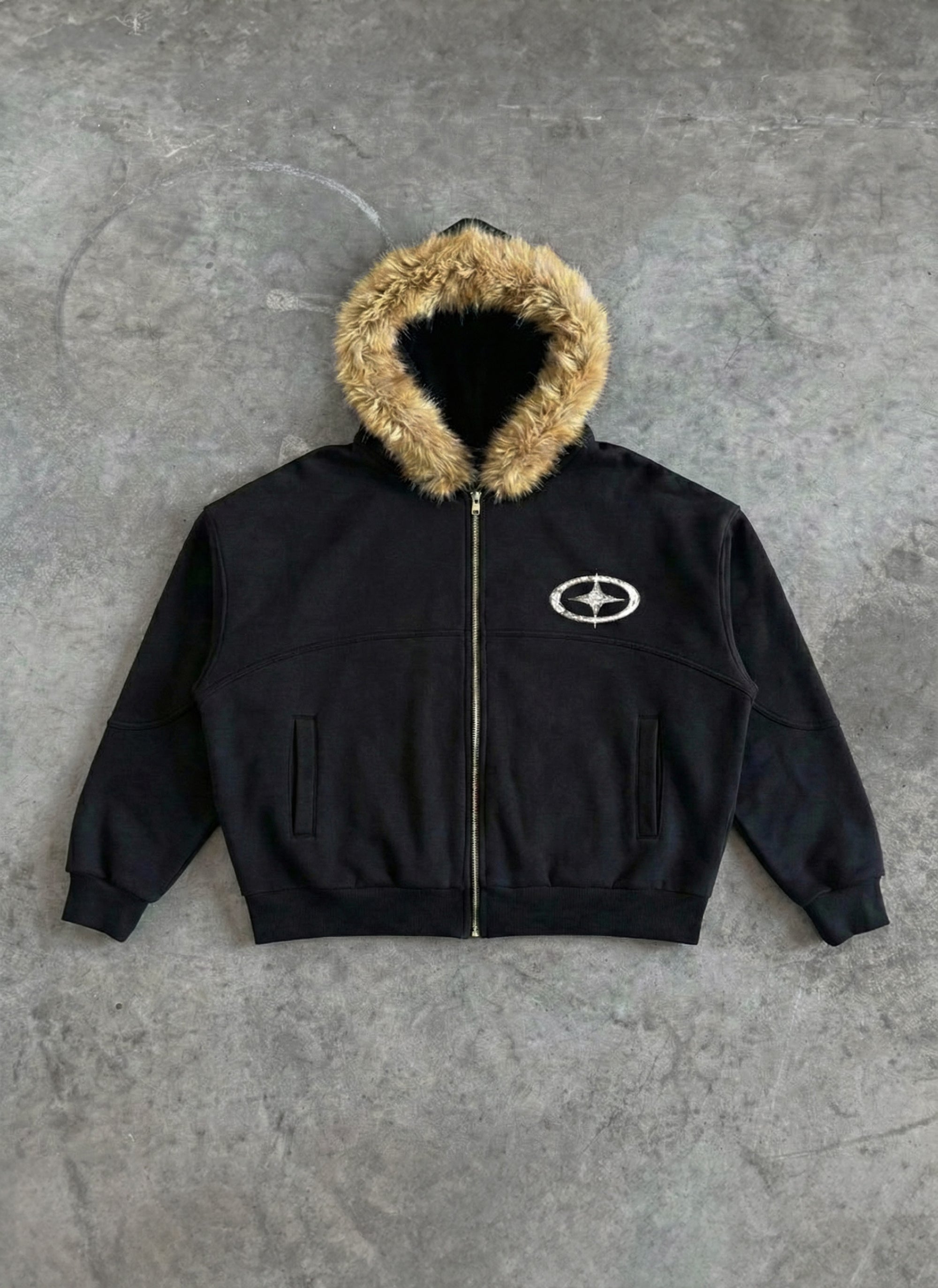 "Cross Star" Fur Zip Up Hoodie